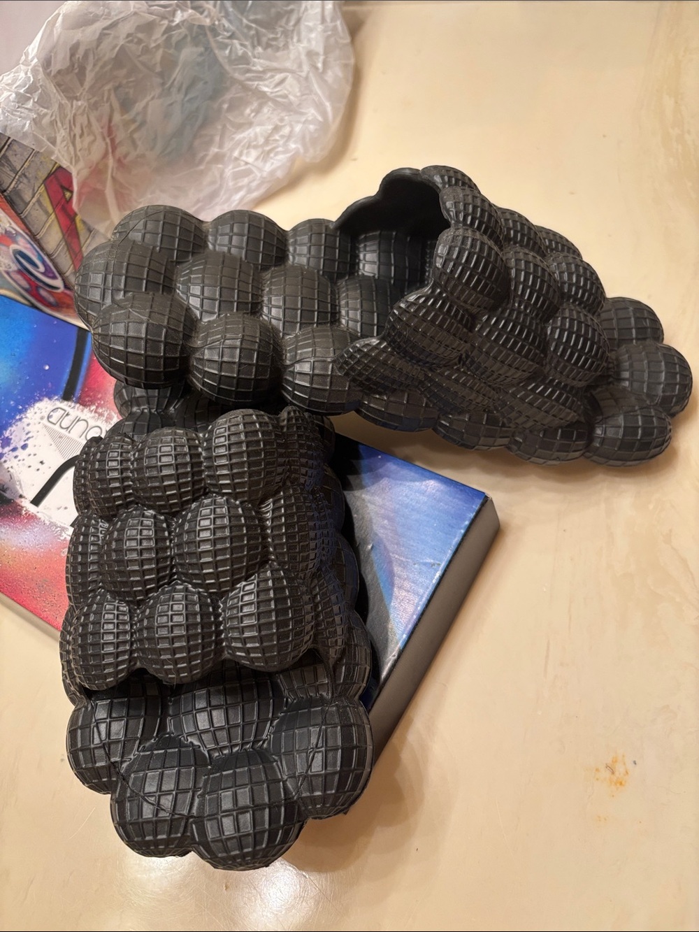 Black Textured Bubble Slide Sandals - Chunky Cushion Sole